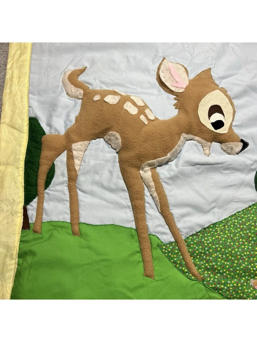 Vintage Disney Bambi and Thumper Felt Baby Quilt Blanket Wall Hanging 35” x 56”